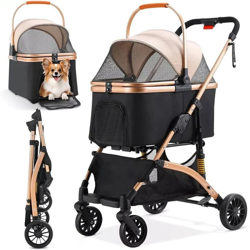 Pet Stroller Foldable Detachable Carrier Spring Suspension & Rear Brake