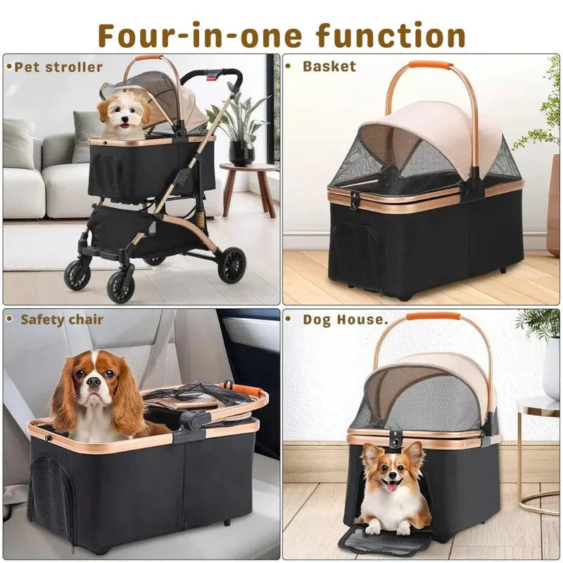 Pet Stroller Foldable Detachable Carrier Spring Suspension & Rear Brake