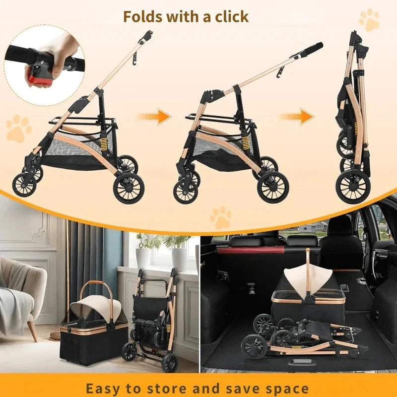 Pet Stroller Foldable Detachable Carrier Spring Suspension & Rear Brake