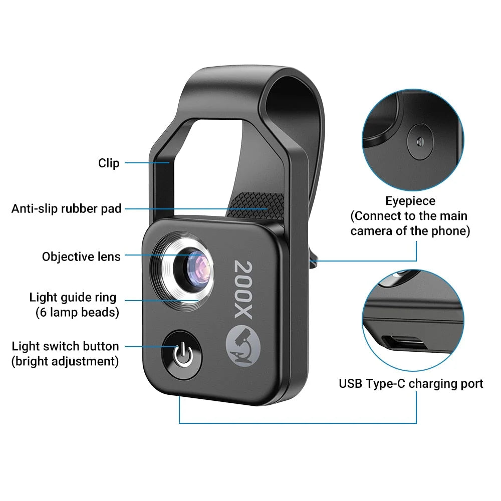 Phone Camera Lens Clip-On 200x Magnification with LED Light