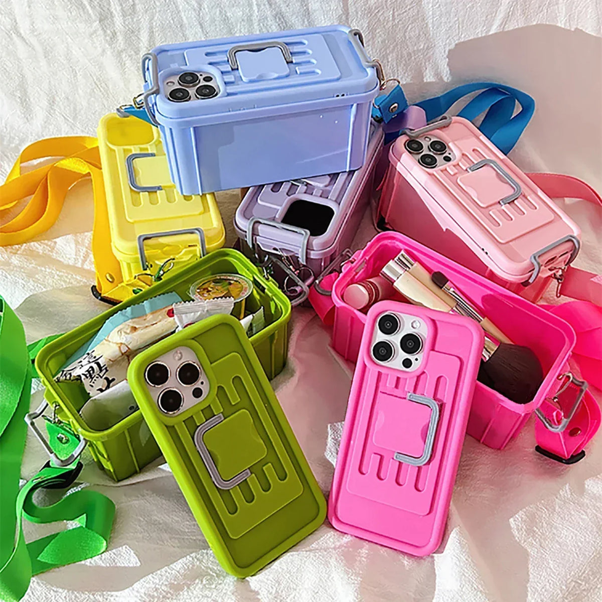 Phone Case Crossbody Soft Silicone Detachable Strap Storage Compartment