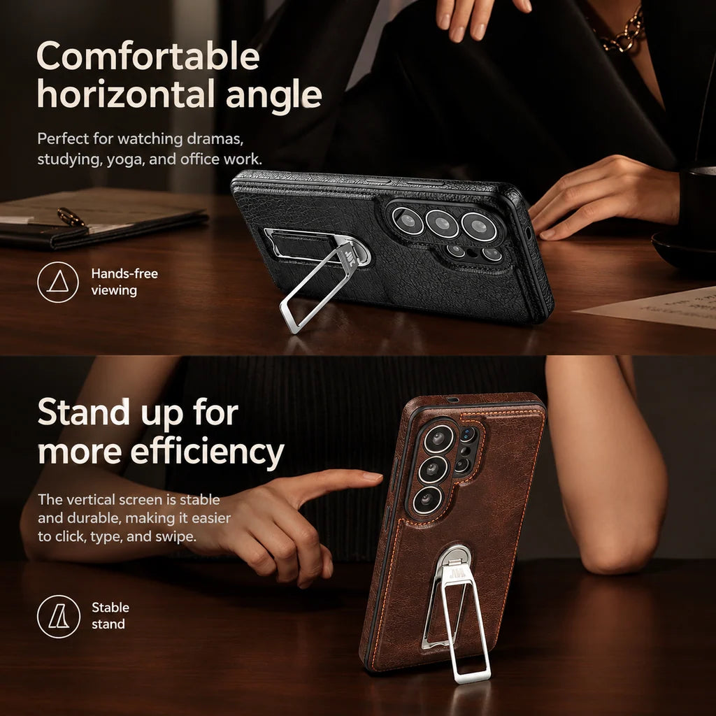 Phone Case Genuine Leather Magnetic Grip Adjustable Stand