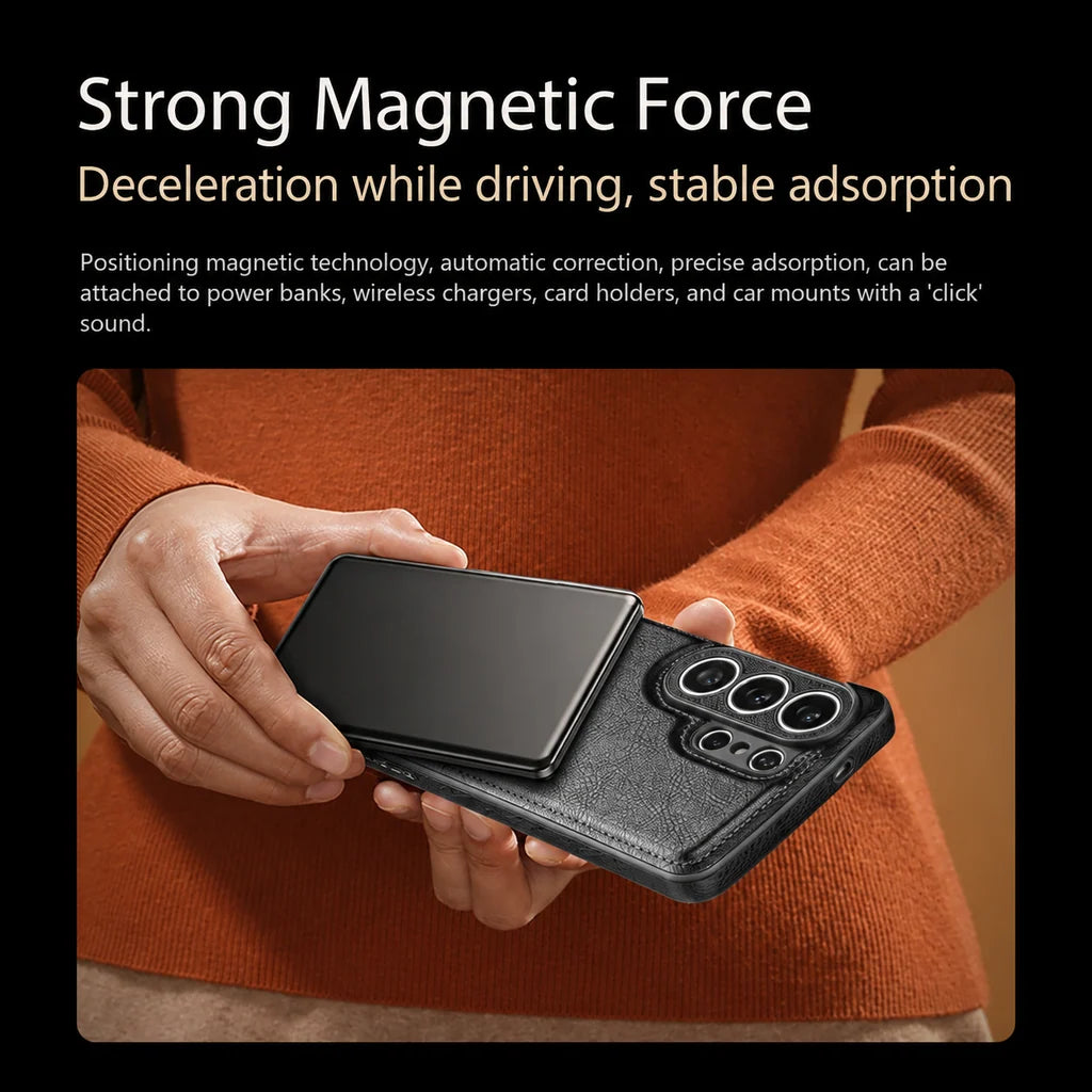 Phone Case Genuine Leather Magnetic Grip Adjustable Stand