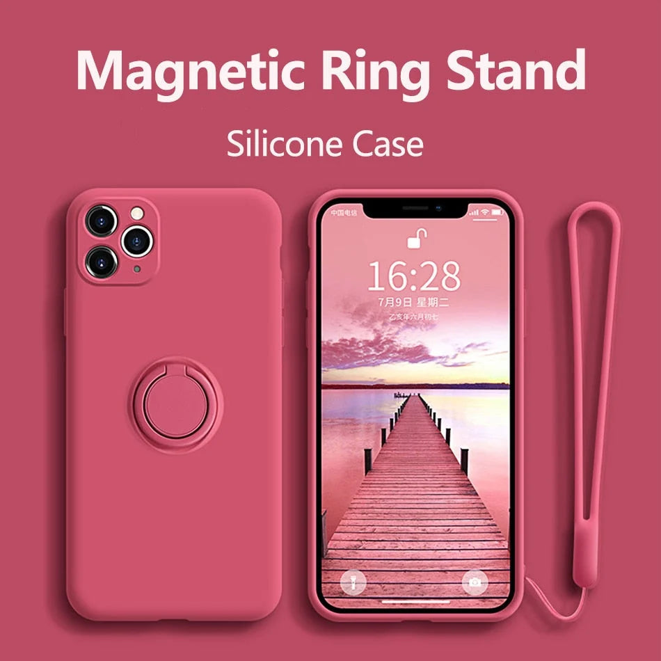 Phone Case Liquid Silicone 360° Rotating Ring Stand Magnetic Mount Compatible with iPhone