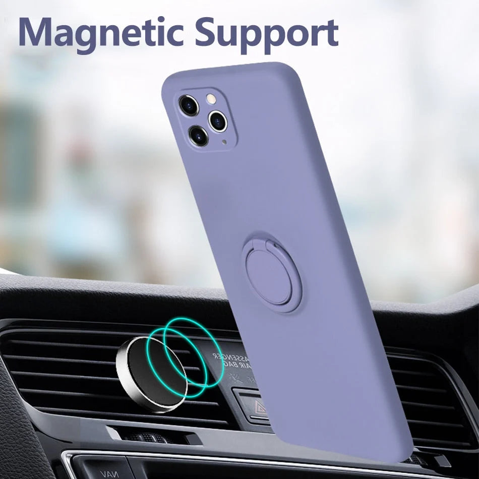 Phone Case Liquid Silicone 360° Rotating Ring Stand Magnetic Mount Compatible with iPhone