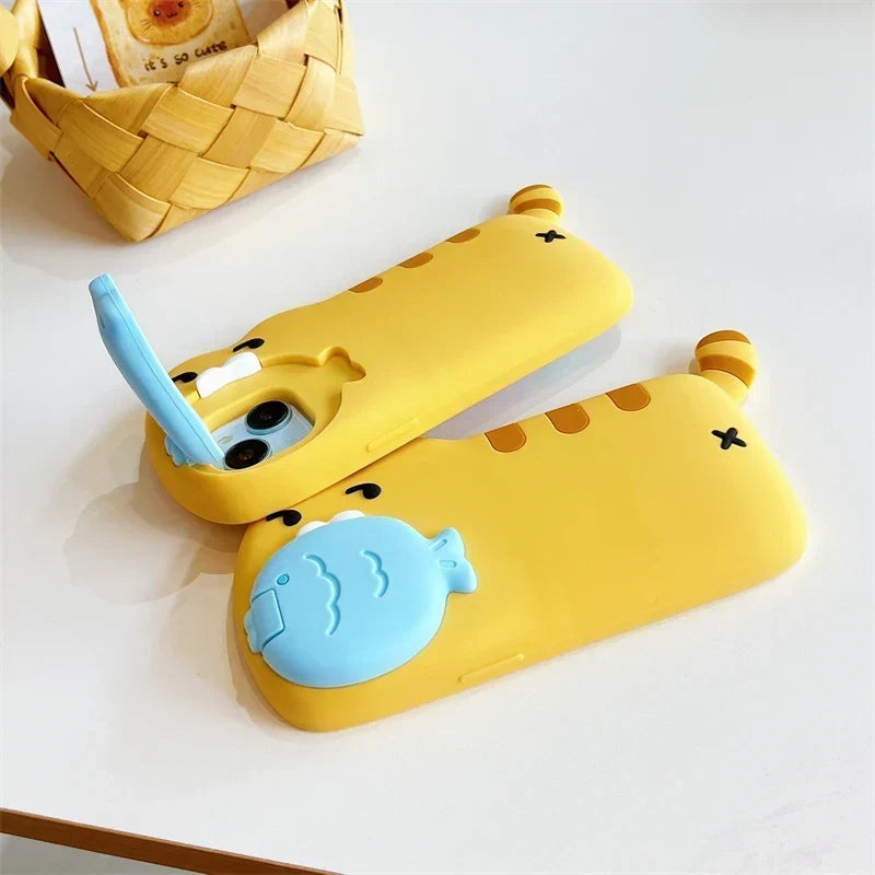 Phone Case Silicone Raised Cat Design With Removable Fish Detail