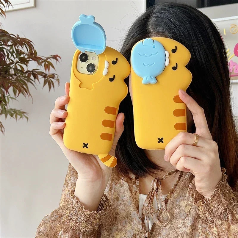 Phone Case Silicone Raised Cat Design With Removable Fish Detail