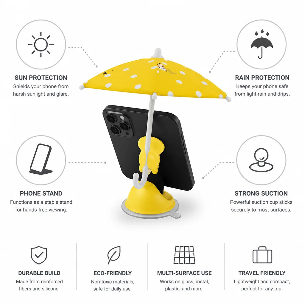 Phone Umbrella Holder Silicone Suction-Mount Sun & Rain Shield