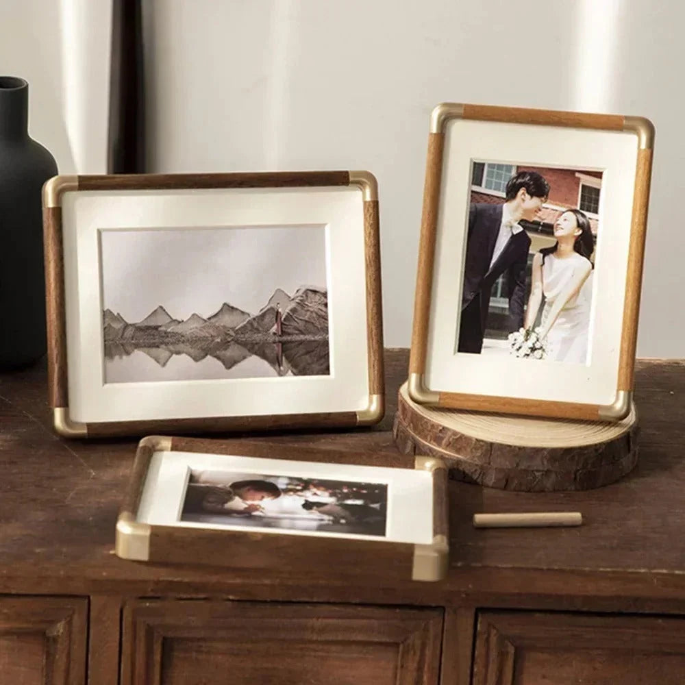 Photo Frame Solid Wood Brass Corners Freestanding Tabletop Display
