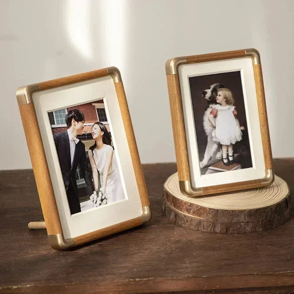 Photo Frame Solid Wood Brass Corners Freestanding Tabletop Display