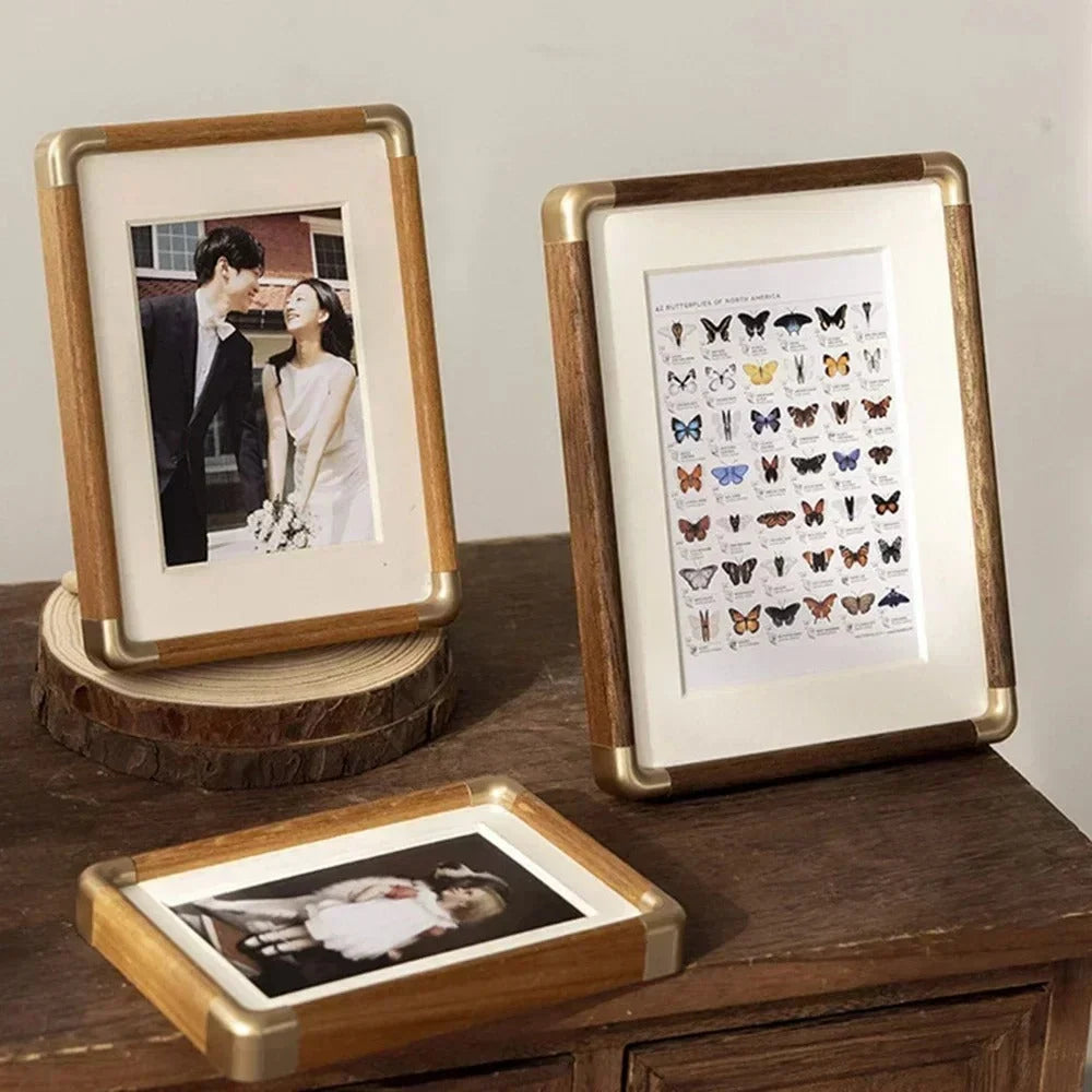 Photo Frame Solid Wood Brass Corners Freestanding Tabletop Display