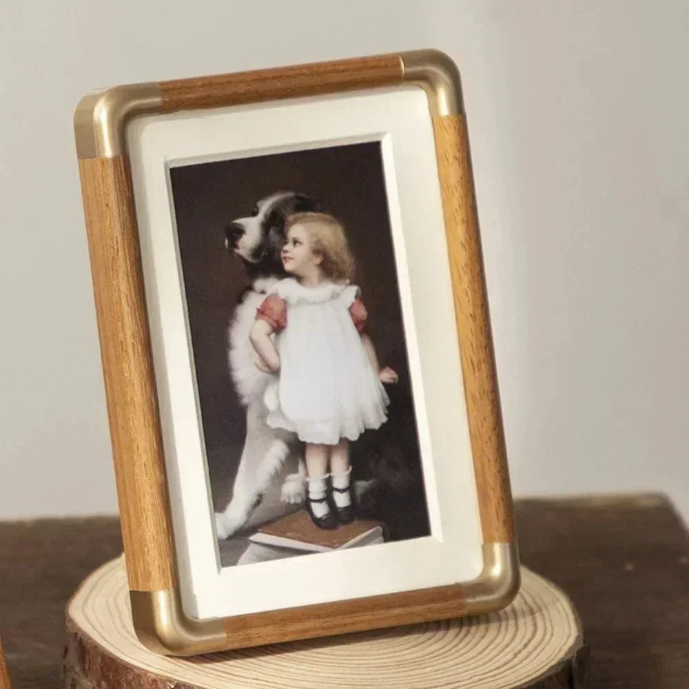 Photo Frame Solid Wood Brass Corners Freestanding Tabletop Display