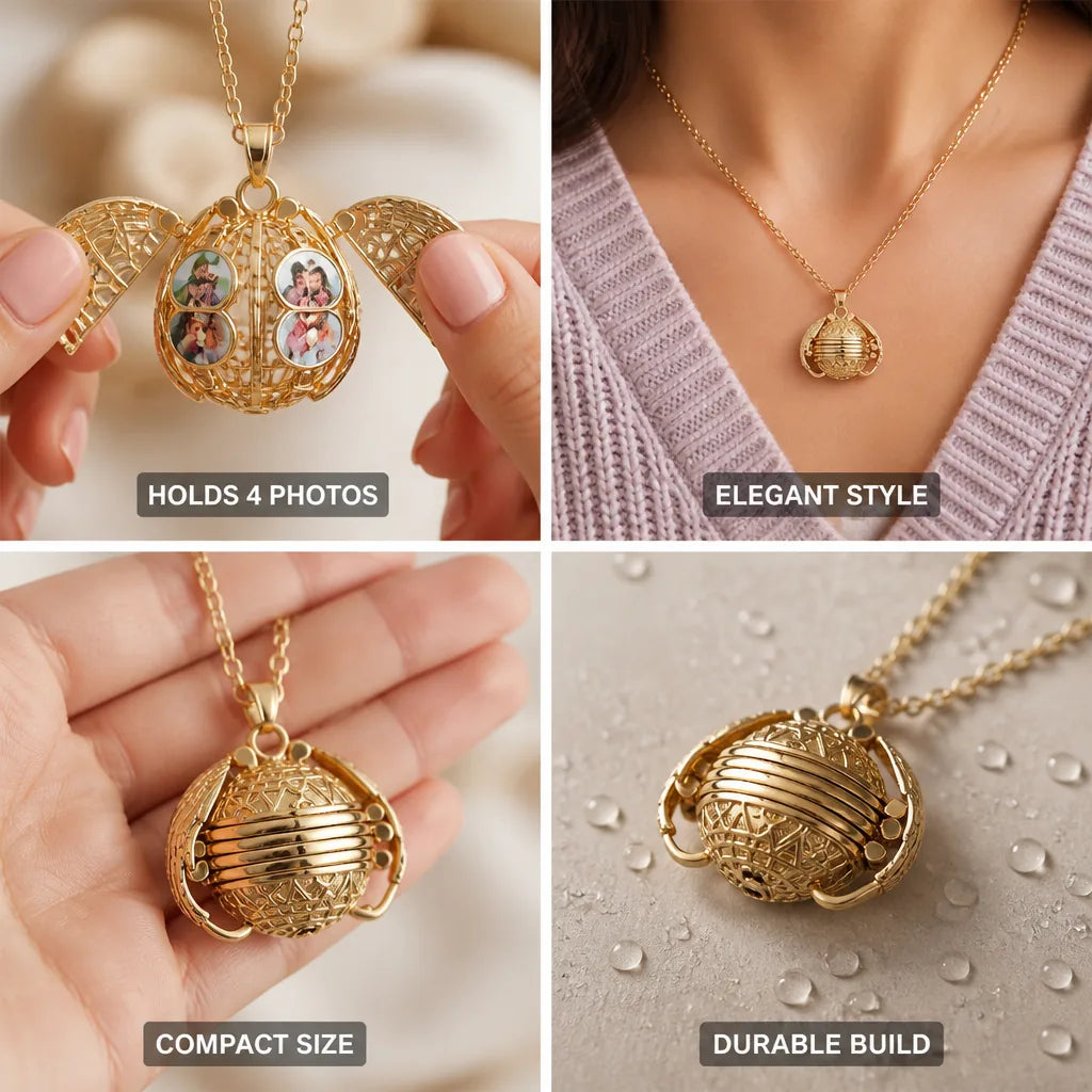 Photo Locket Necklace 4-Photo Angel Wing Stainless Steel