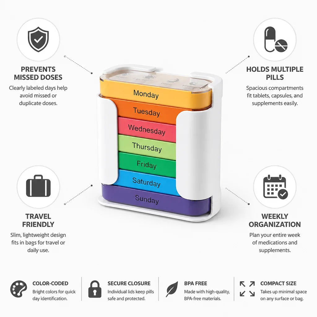 Pill Organizer 7-Day Labeled Color-Coded Slim Travel