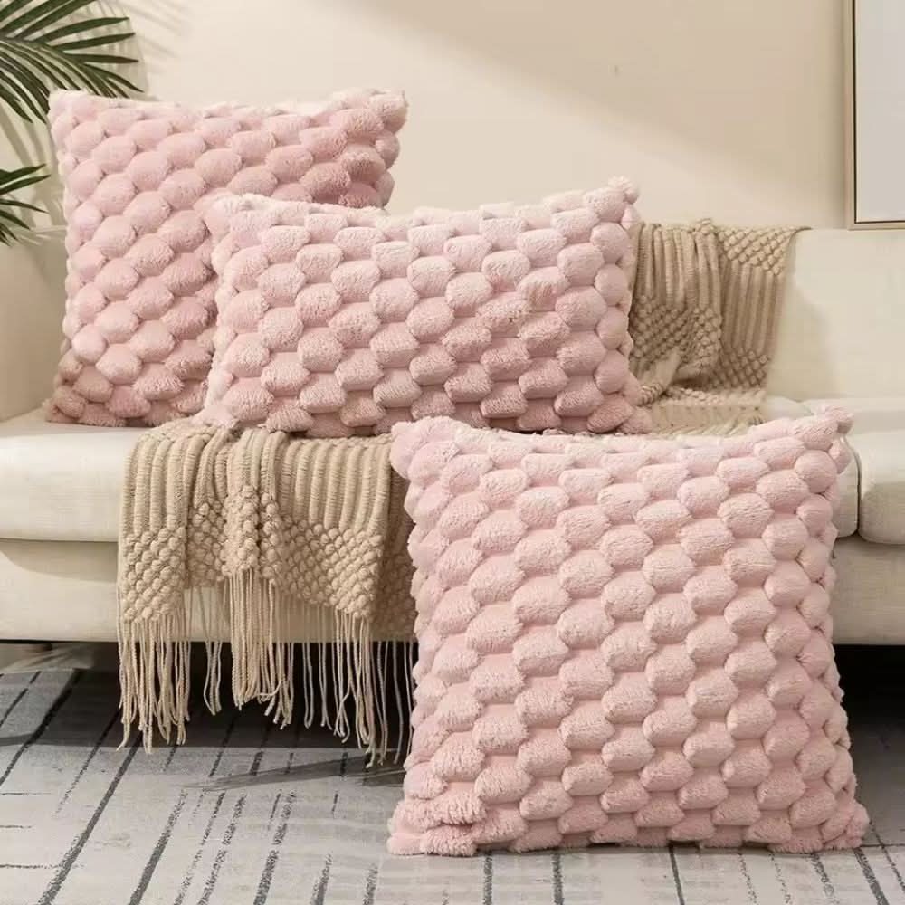 Pillowcase 3D Plush Grid Machine Washable With Concealed Zipper