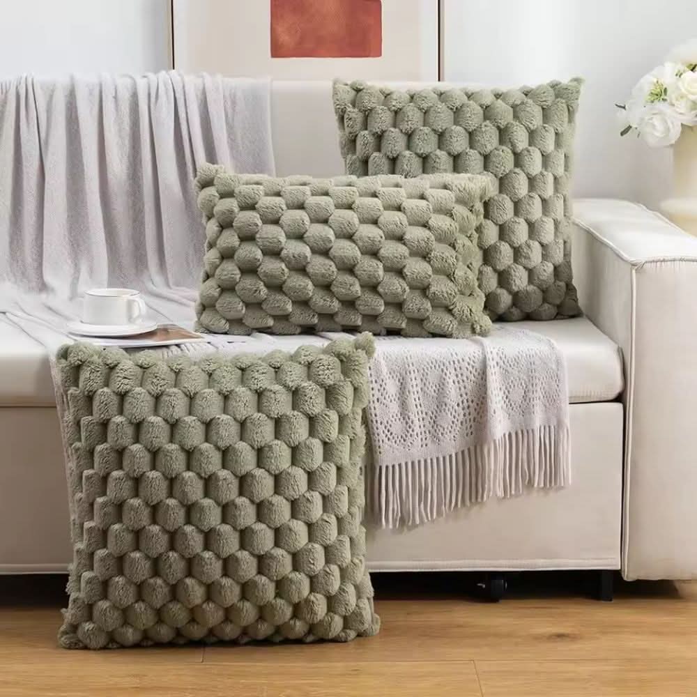 Pillowcase 3D Plush Grid Machine Washable With Concealed Zipper