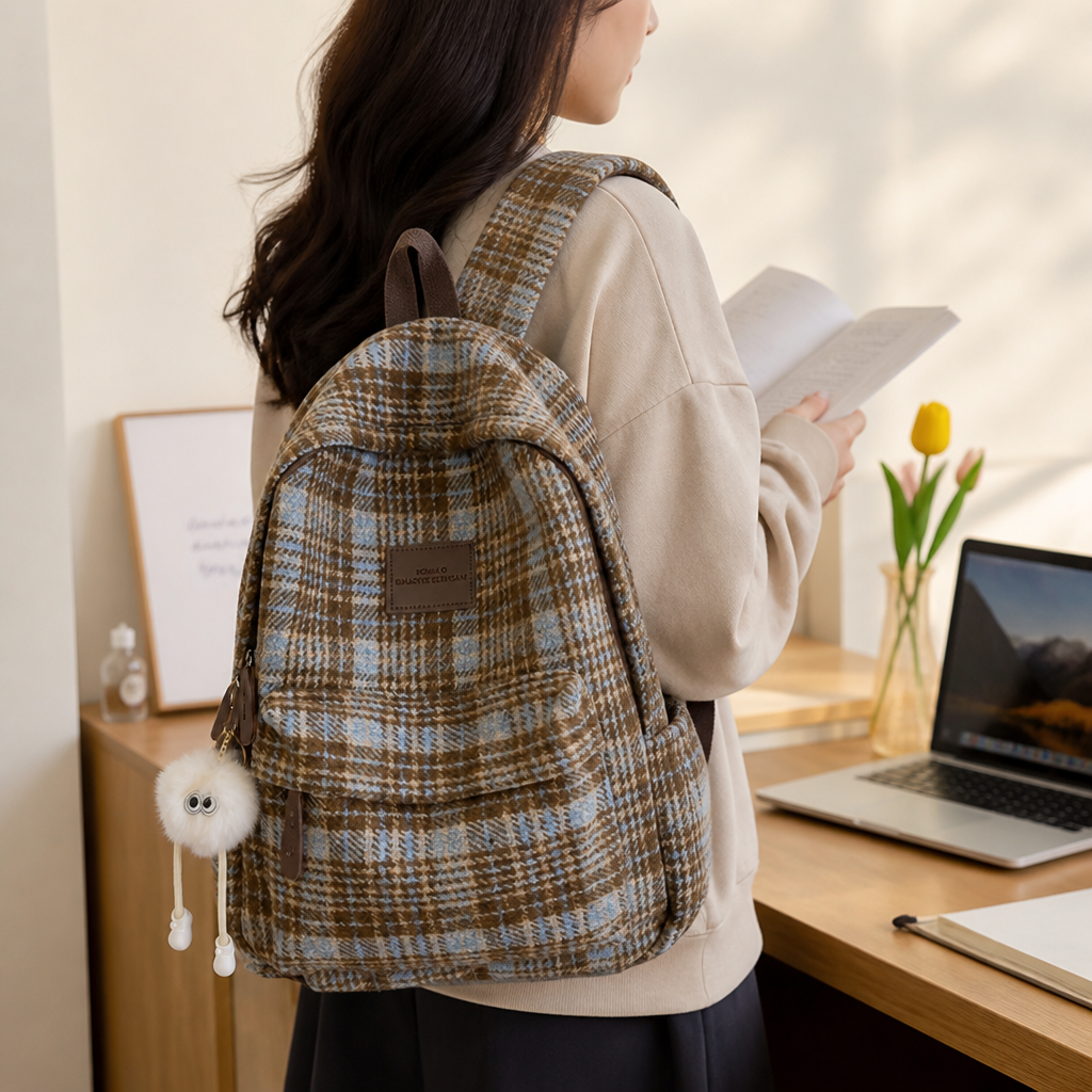Plaid School Backpack With Laptop Compartment (Padded Shoulder Straps)