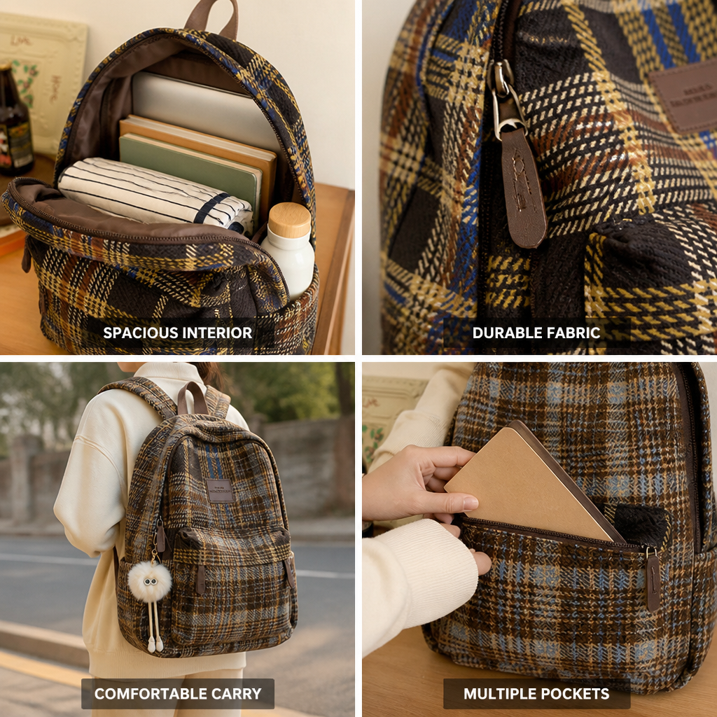 Plaid School Backpack With Laptop Compartment (Padded Shoulder Straps)