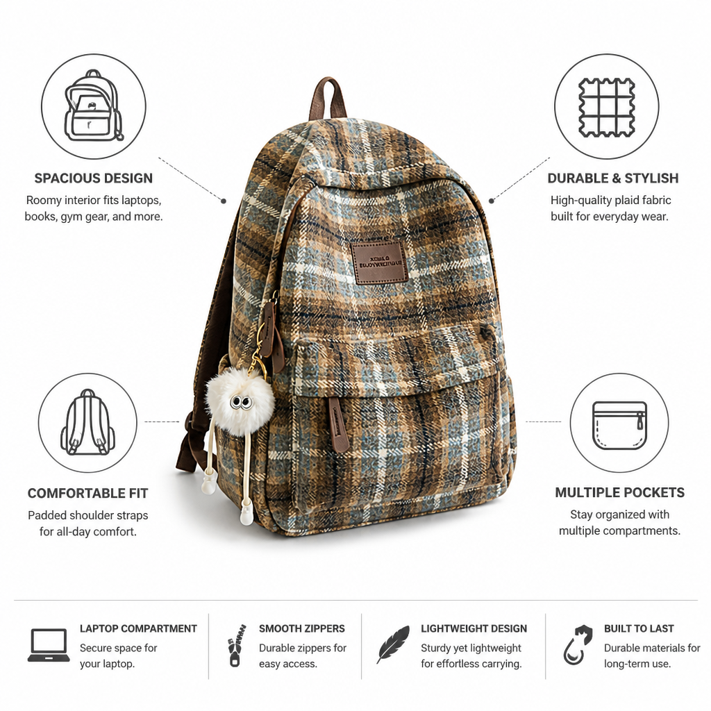Plaid School Backpack With Laptop Compartment (Padded Shoulder Straps)