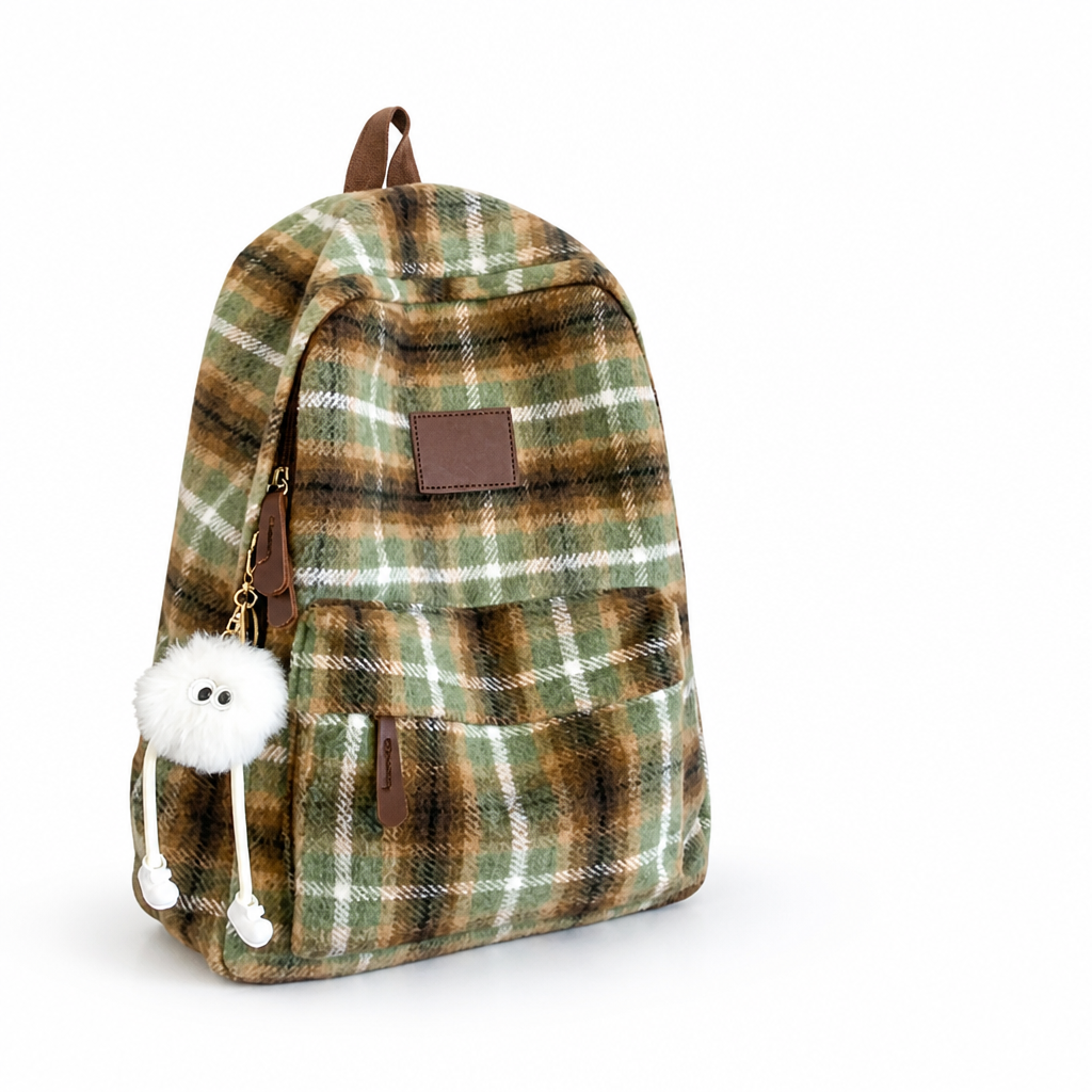 Plaid School Backpack With Laptop Compartment (Padded Shoulder Straps)