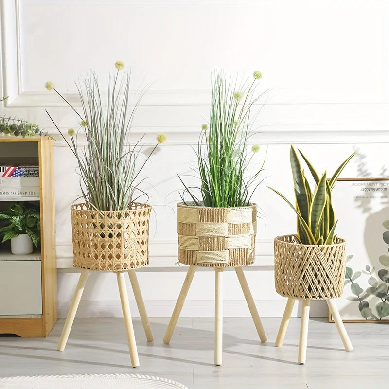 Plant Stand Hand-Woven Rattan Bamboo Frame Splayed Wooden Legs