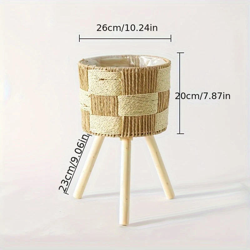 Plant Stand Hand-Woven Rattan Bamboo Frame Splayed Wooden Legs