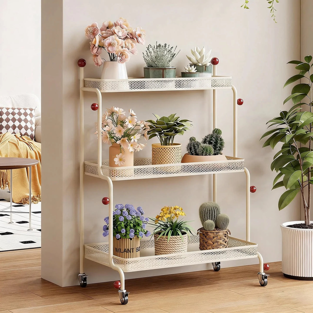 Plant Stand Three-Tier Rolling Metal Shelves