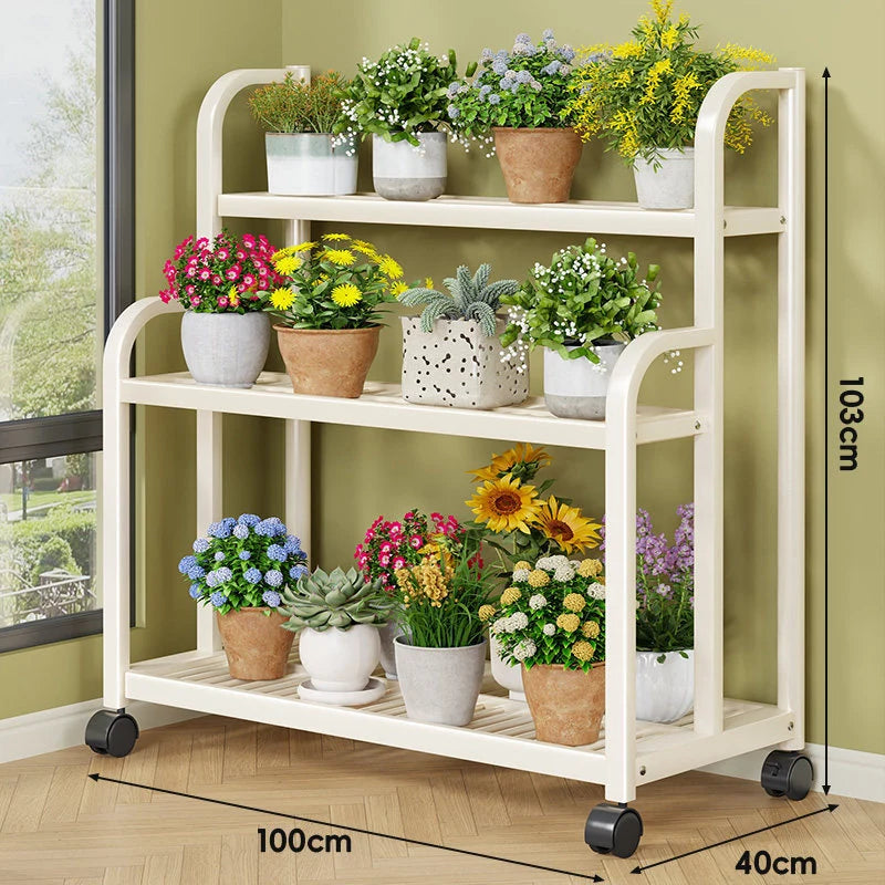 Plant Stand Three-Tier Rolling Metal Shelves
