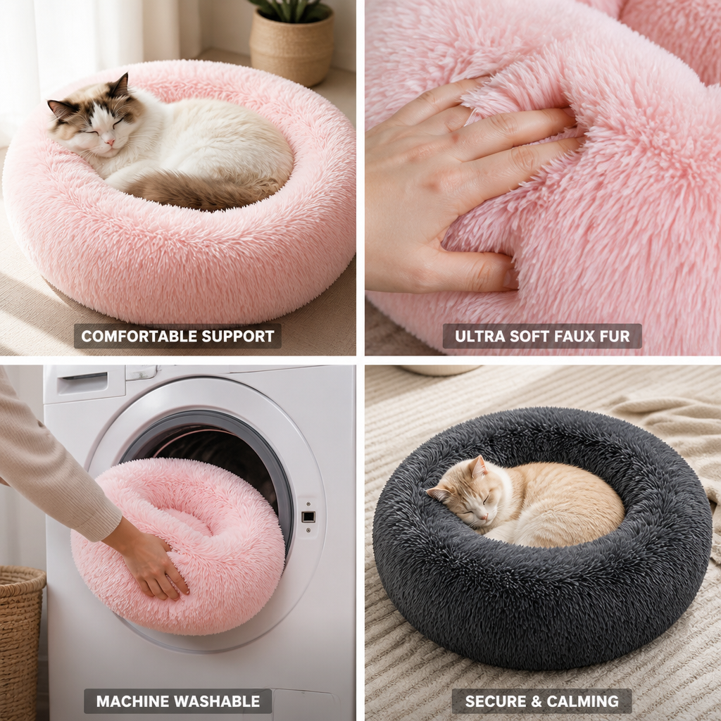 Plush Faux Fur Donut Cat Bed (Machine Washable)