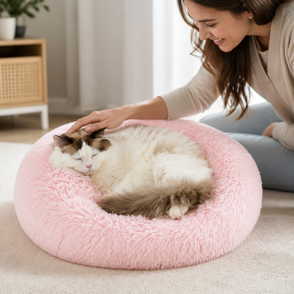 Plush Faux Fur Donut Cat Bed (Machine Washable)