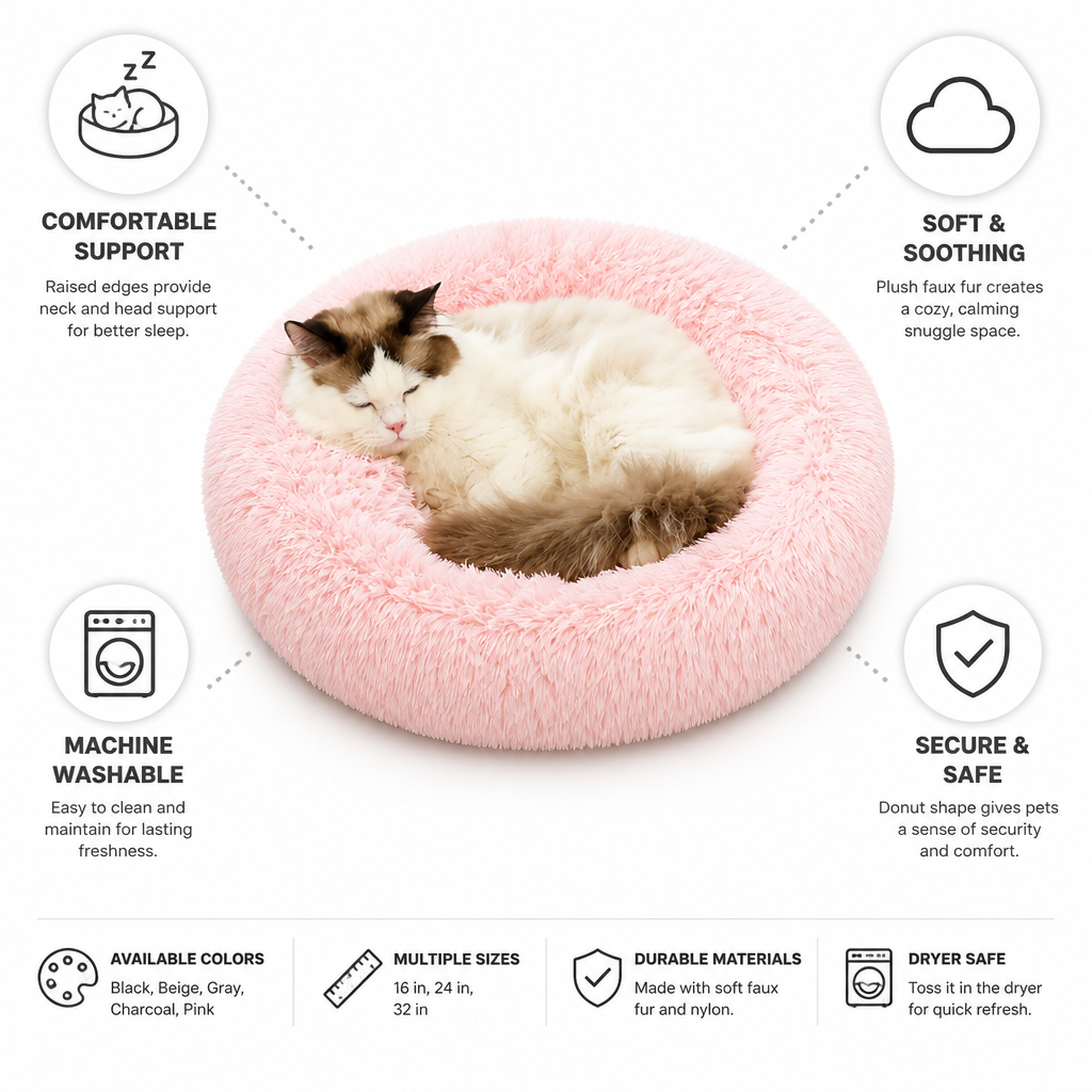 Plush Faux Fur Donut Cat Bed (Machine Washable)