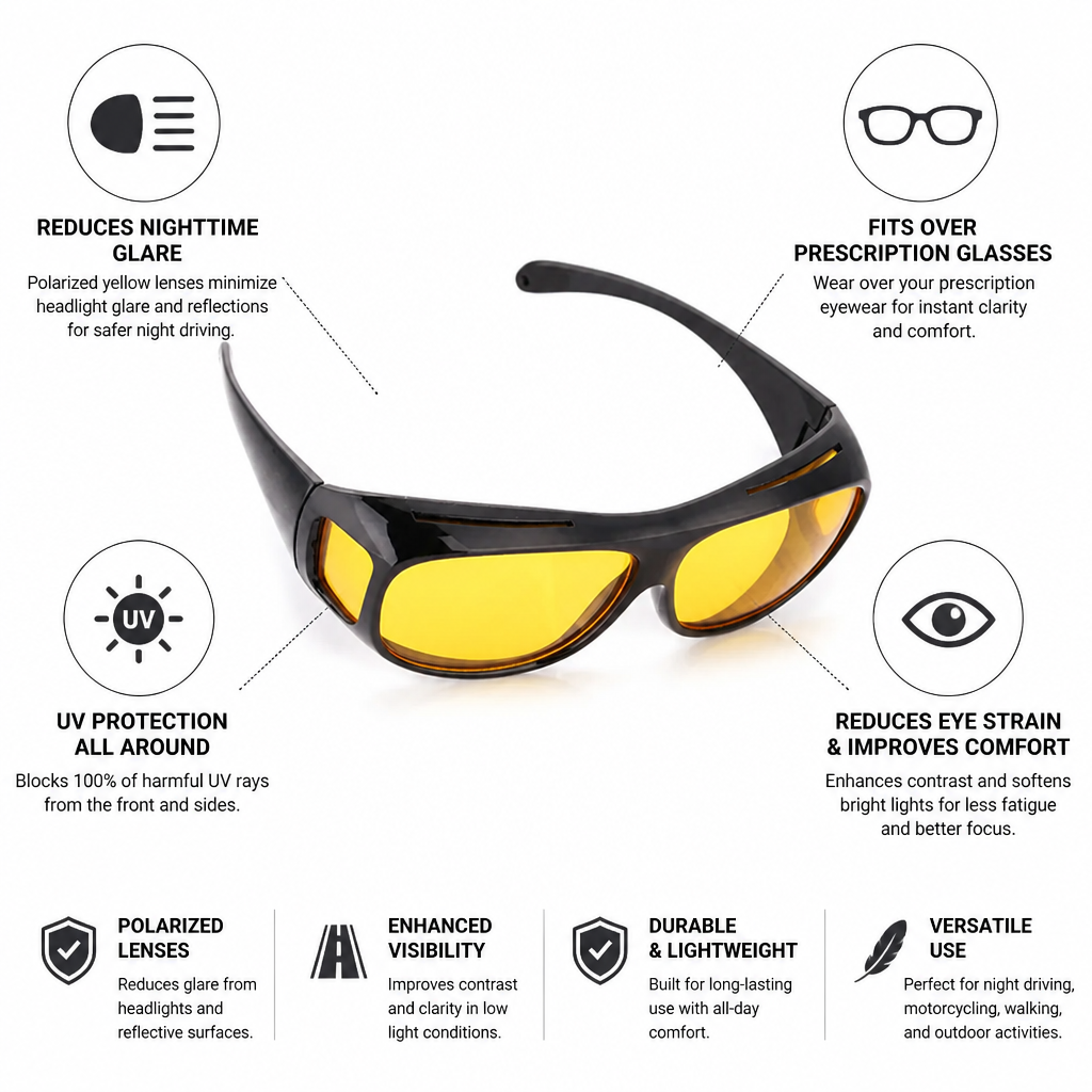 Polarized Anti-Glare Night Driving Glasses (Fits Over Glasses)