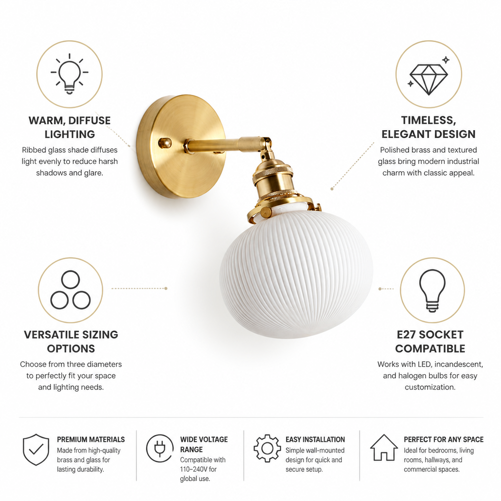 Polished Brass Ribbed Glass Wall Lamp (3 Sizes)
