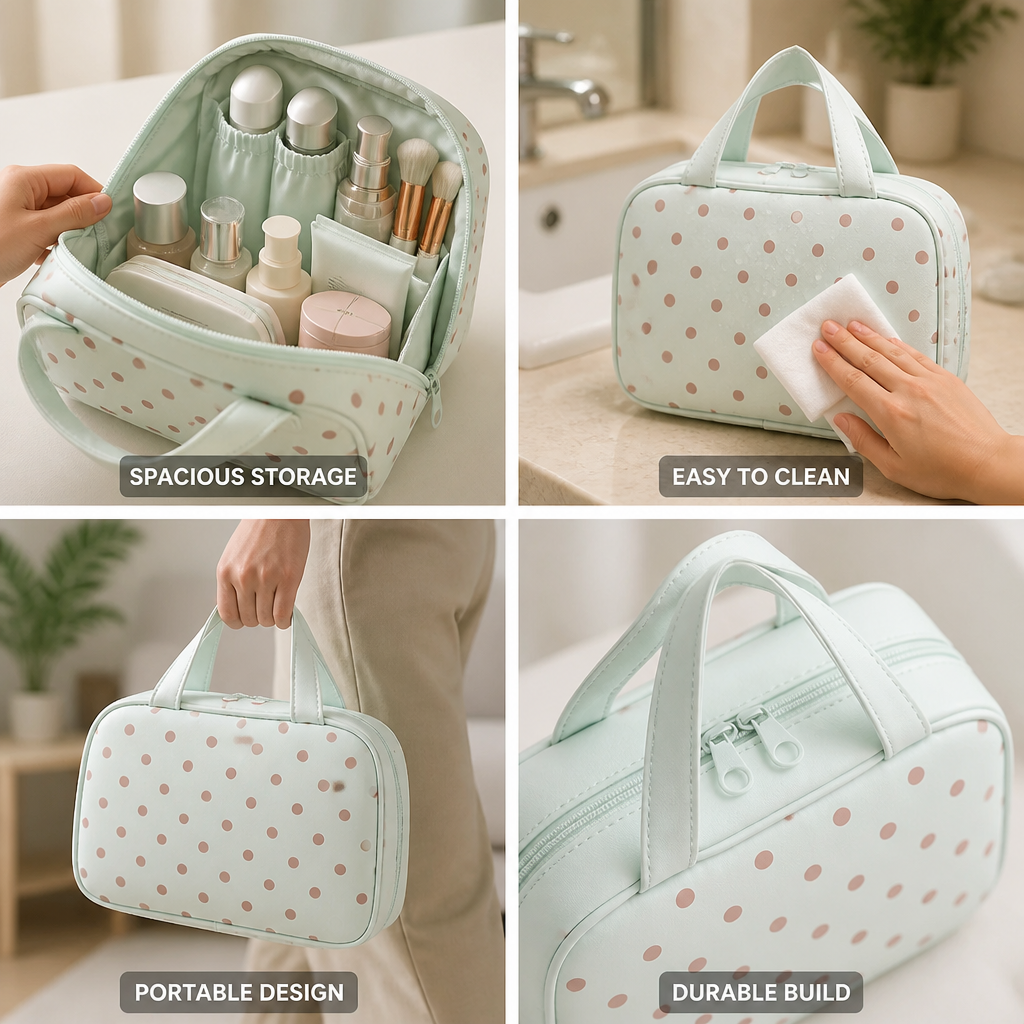 Polka Dot Spacious Easy-Clean Cosmetic Organizer (With Handles)