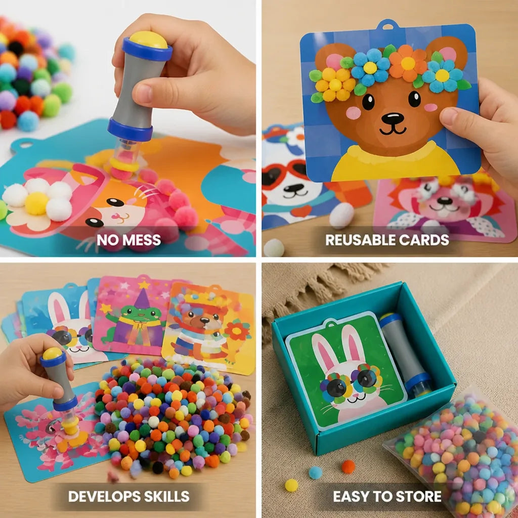 Pom Pom Craft Kit 600 Soft Pompoms No-Glue Tool