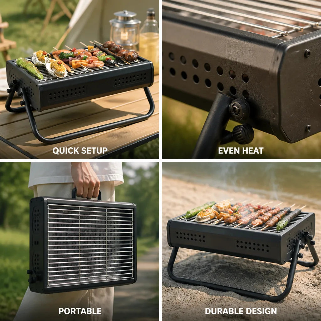 Portable Charcoal Grill Fold-Out Stand Ventilated Metal