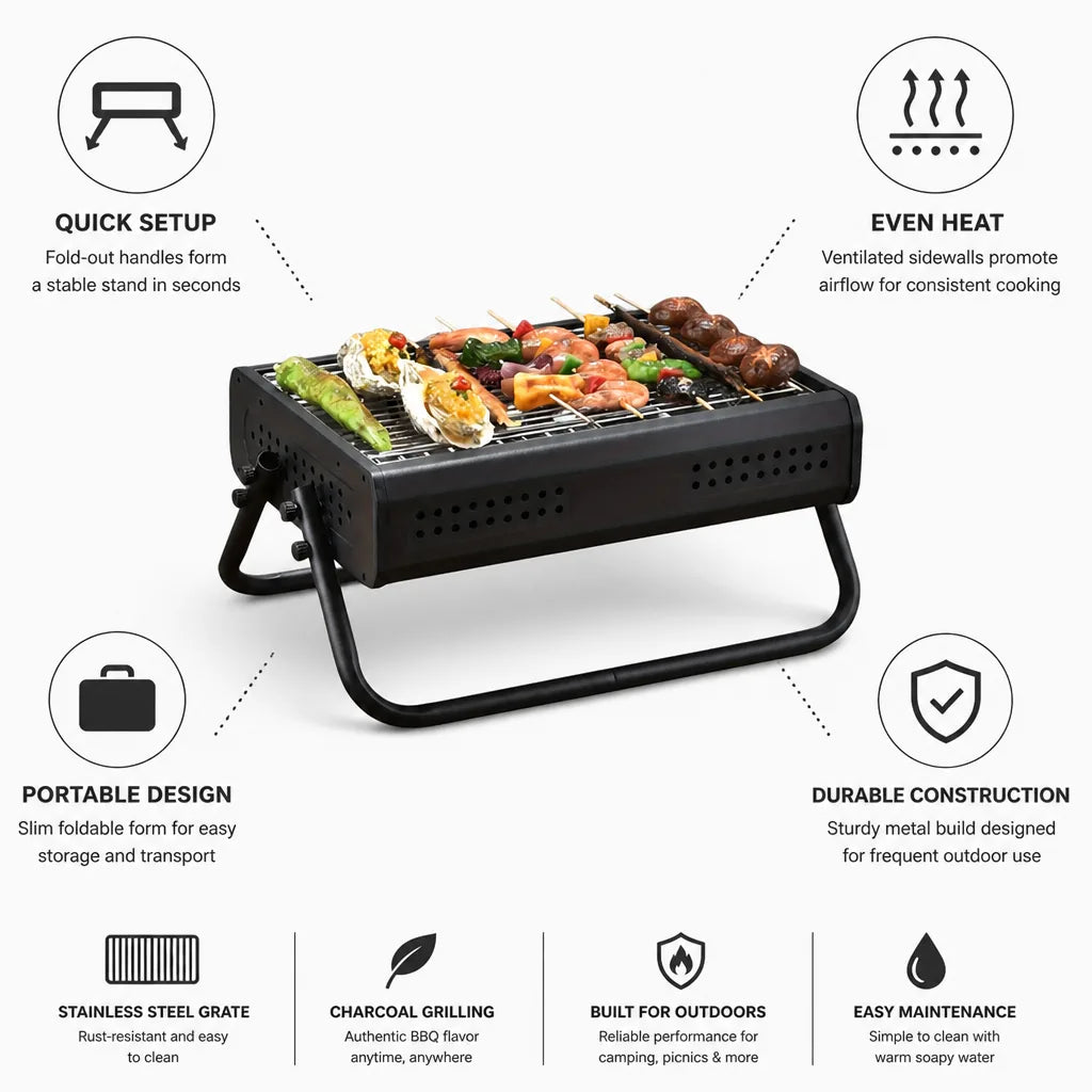 Portable Charcoal Grill Fold-Out Stand Ventilated Metal