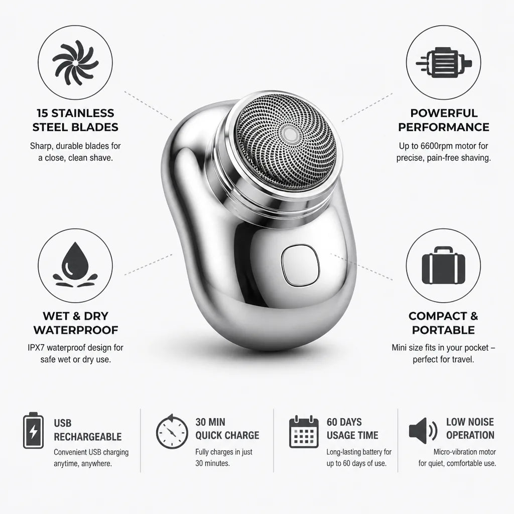Portable Electric Shaver USB Rechargeable Stainless Steel Blades