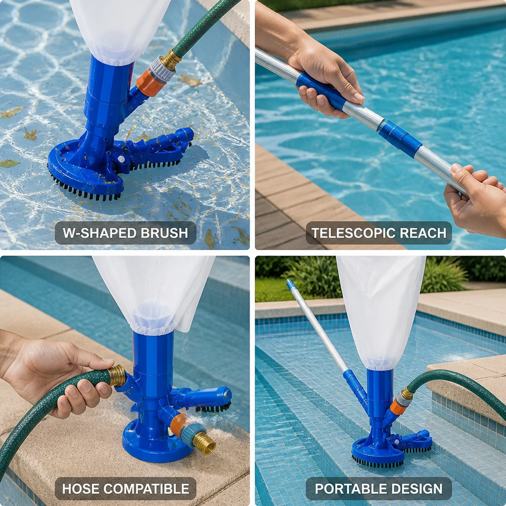 Portable W-Shaped Brush & Telescopic Pole Pool Vacuum (Hose-Compatible)