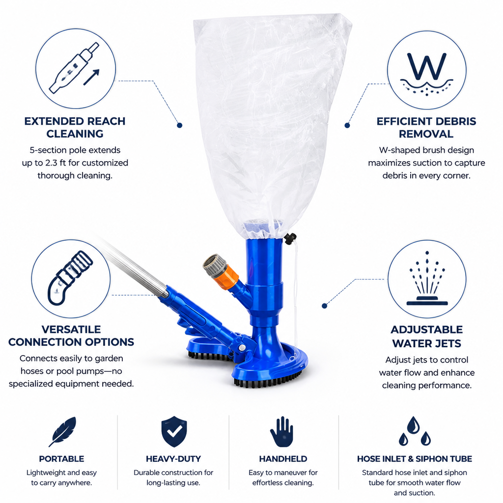 Portable W-Shaped Brush & Telescopic Pole Pool Vacuum (Hose-Compatible)