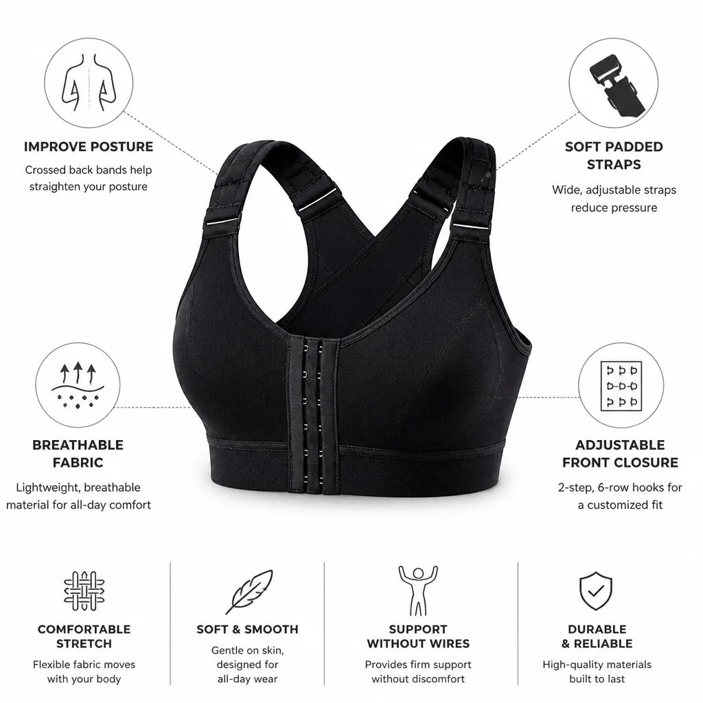Posture Correction Bra Cross-Back Support & Adjustable Front Hook