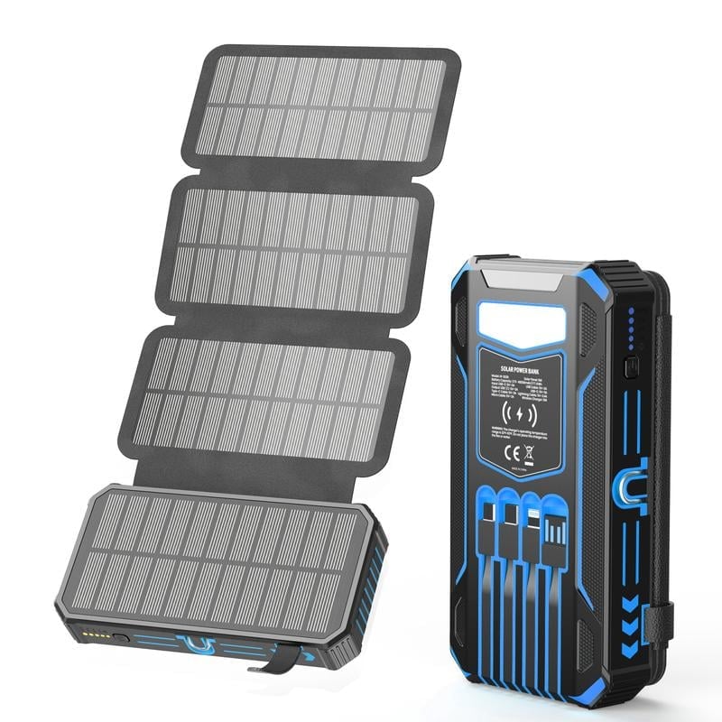 Power Bank Solar Wireless Charging 20000mAh Built-In Cables