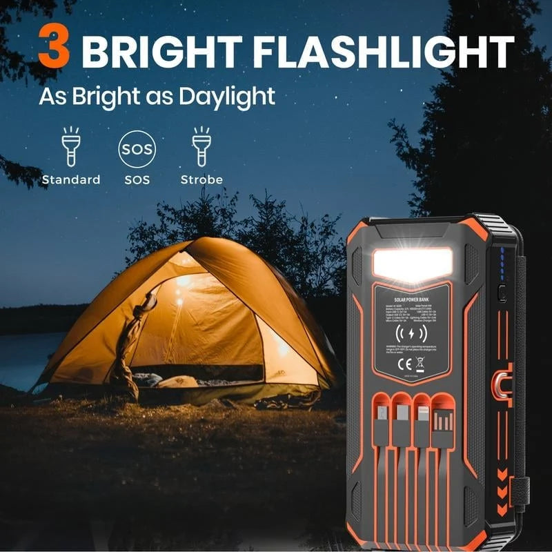 Power Bank Solar Wireless Charging 20000mAh Built-In Cables