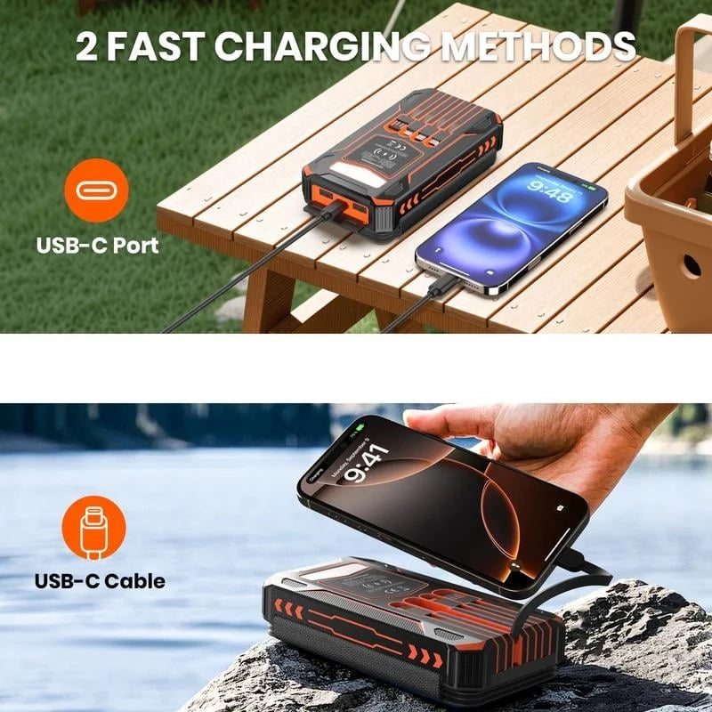 Power Bank Solar Wireless Charging 20000mAh Built-In Cables