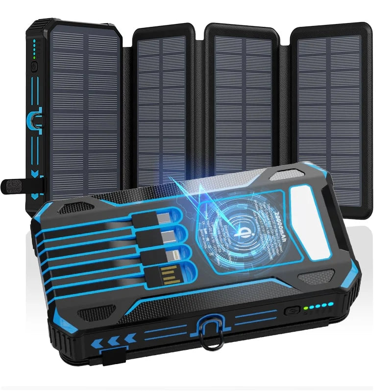 Power Bank Solar Wireless Charging 20000mAh Built-In Cables
