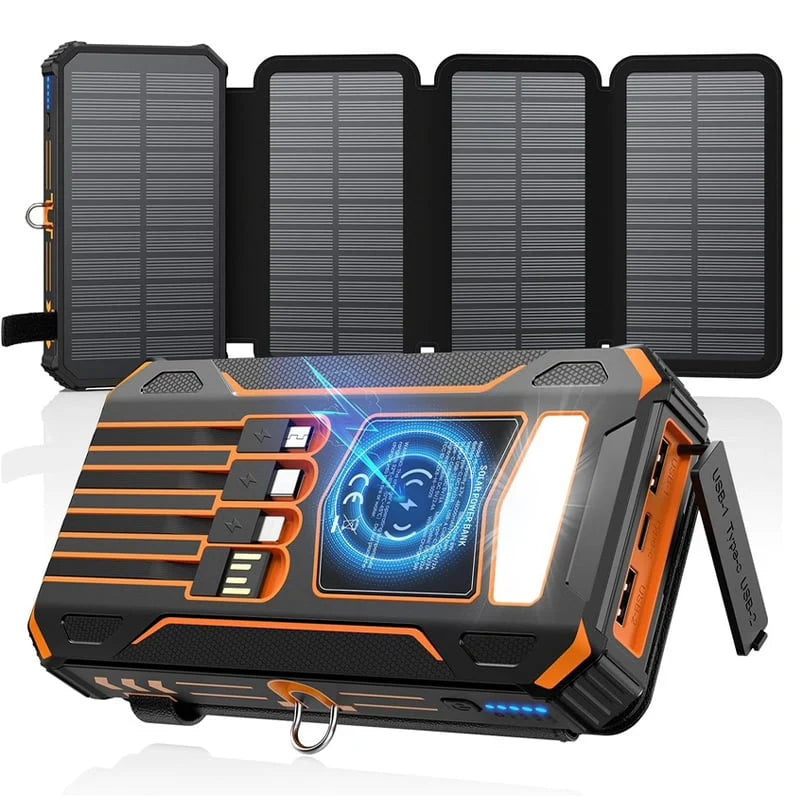Power Bank Solar Wireless Charging 20000mAh Built-In Cables