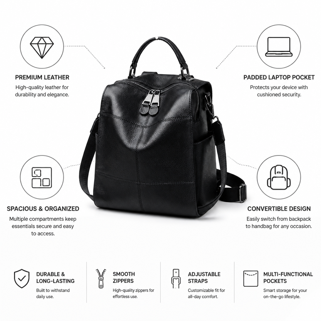 Premium Leather Convertible Backpack (Padded Laptop Pocket)
