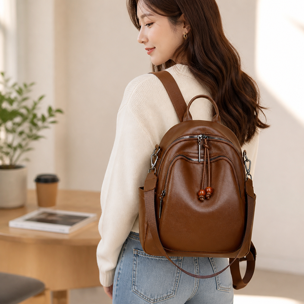 Premium Leather Multi-Pocket Travel Backpack