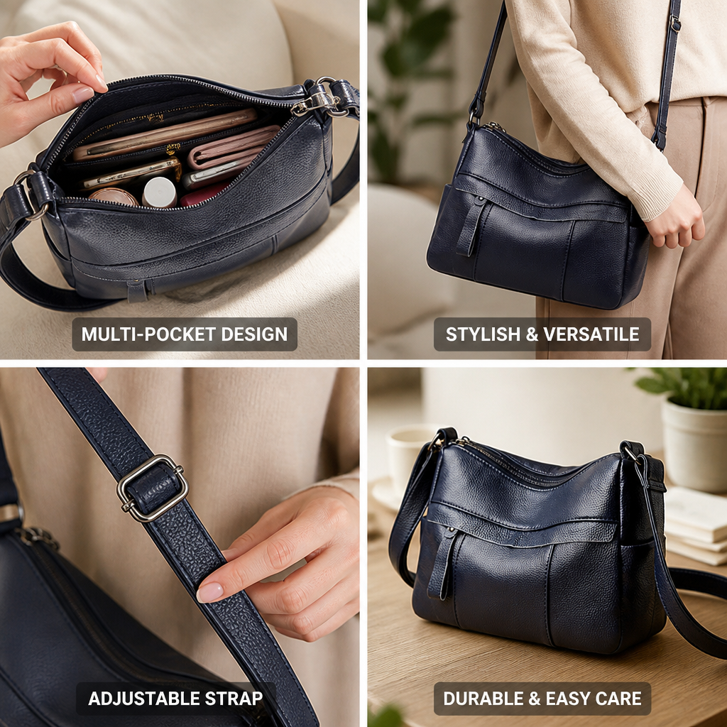 Premium Synthetic Leather Multi-Pocket Shoulder Bag (Adjustable Strap)