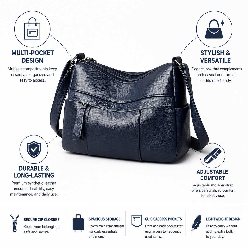 Premium Synthetic Leather Multi-Pocket Shoulder Bag (Adjustable Strap)